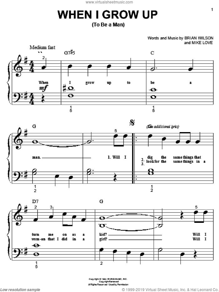 When I Grow Up (To Be A Man) sheet music for piano solo (big note book) by The Beach Boys, Brian Wilson and Mike Love, easy piano (big note book)