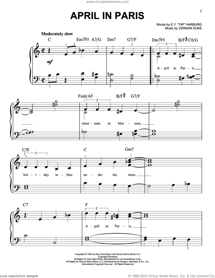 April In Paris, (easy) sheet music for piano solo by Count Basie, Coleman Hawkins, E.Y. Harburg and Vernon Duke, easy skill level