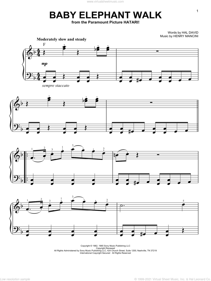Baby Elephant Walk, (easy) sheet music for piano solo by Henry Mancini and Hal David, easy skill level