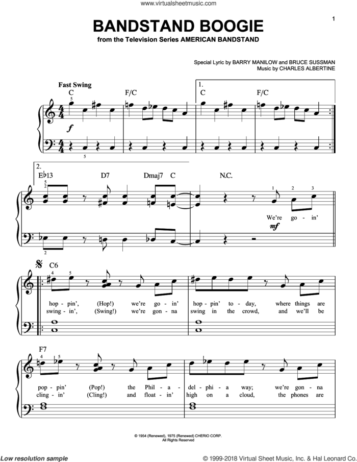 Bandstand Boogie sheet music for piano solo by Barry Manilow, Les Elgart, Bruce Sussman and Charles Albertine, easy skill level