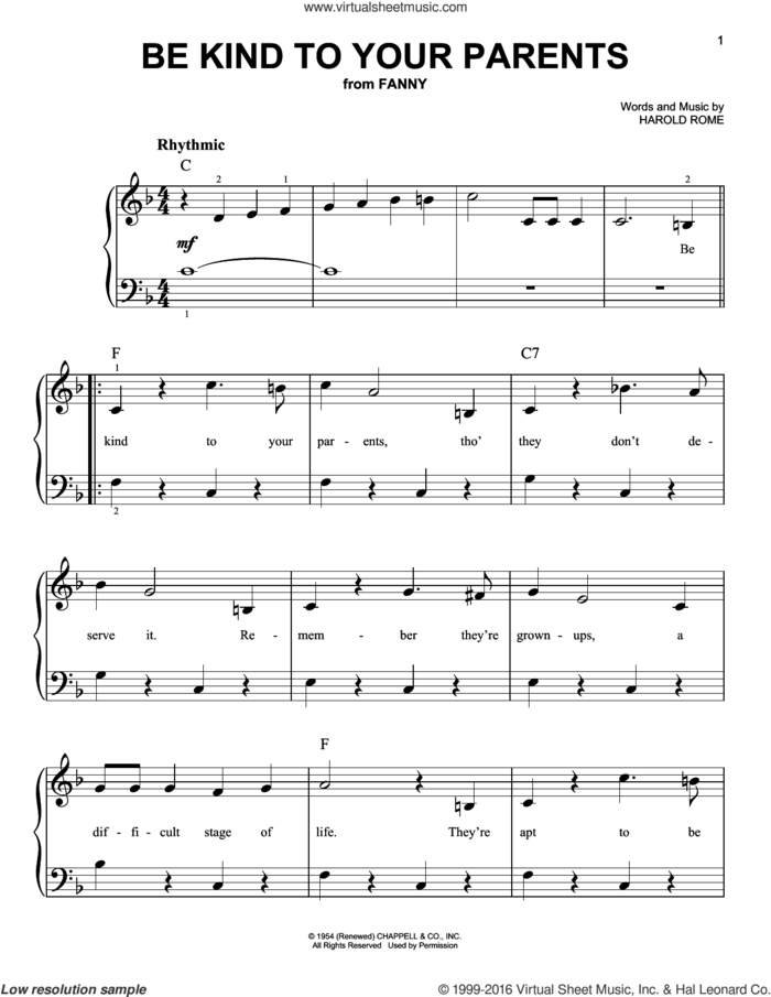 Be Kind To Your Parents sheet music for piano solo by Harold Rome, easy skill level