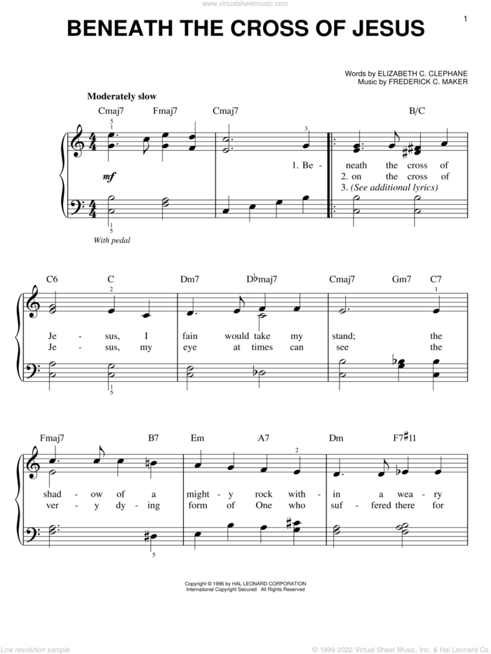 Beneath The Cross Of Jesus sheet music for piano solo by Elizabeth Cecilia Dou Clephane and Frederick Charles Maker, easy skill level