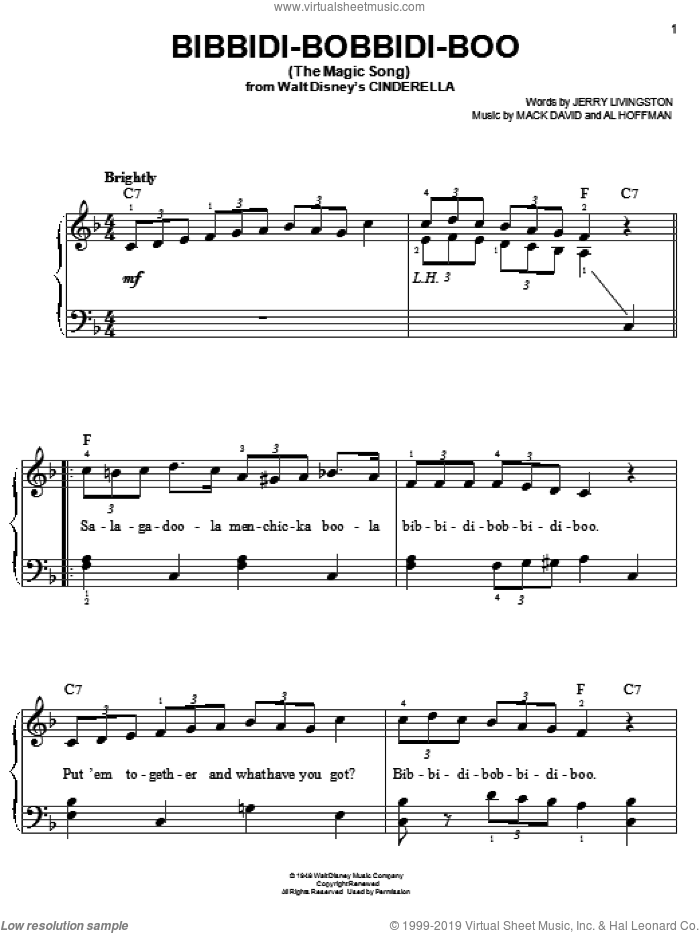 Bibbidi-Bobbidi-Boo (The Magic Song) (from Cinderella) sheet music for piano solo by Bobby McFerrin, Louis Armstrong, Verna Felton, Al Hoffman, Jerry Livingston and Mack David, easy skill level