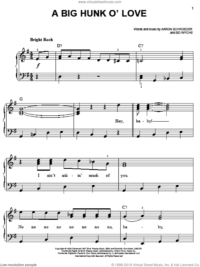 A Big Hunk O' Love sheet music for piano solo by Elvis Presley, Aaron Schroeder and Sid Wyche, easy skill level