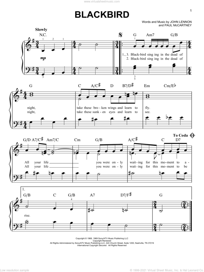 Blackbird, (easy) sheet music for piano solo by The Beatles, Across The Universe (Movie), John Lennon and Paul McCartney, easy skill level