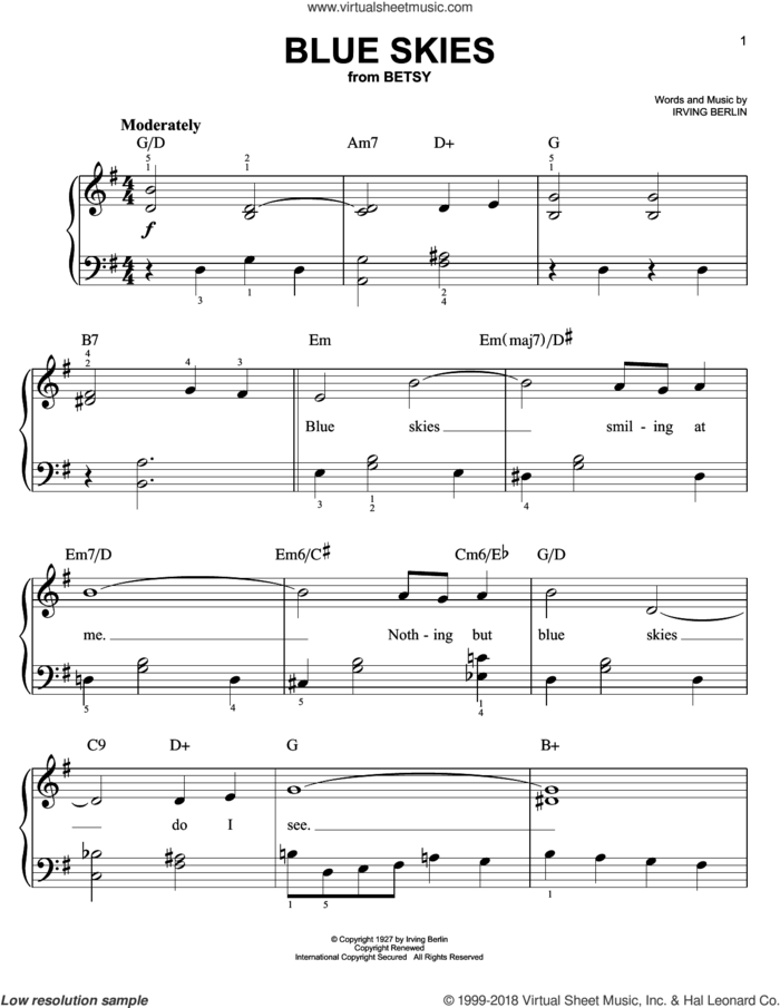 Blue Skies, (easy) sheet music for piano solo by Irving Berlin, easy skill level