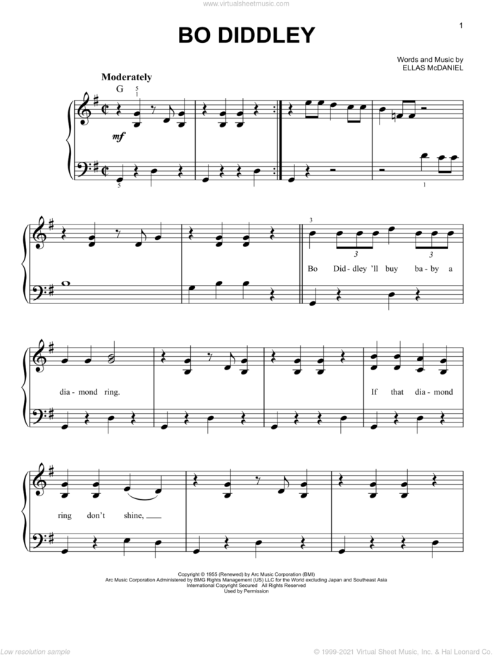 Bo Diddley sheet music for piano solo by Bo Diddley and Ellas McDaniels, easy skill level