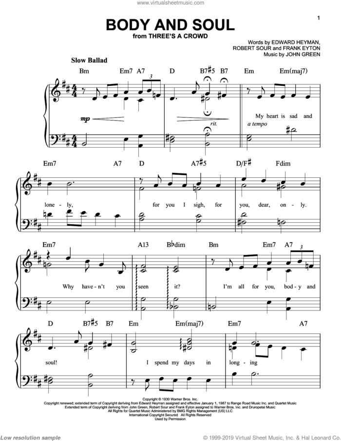 Body And Soul, (easy) sheet music for piano solo by Edward Heyman, Frank Eyton, Johnny Green and Robert Sour, easy skill level