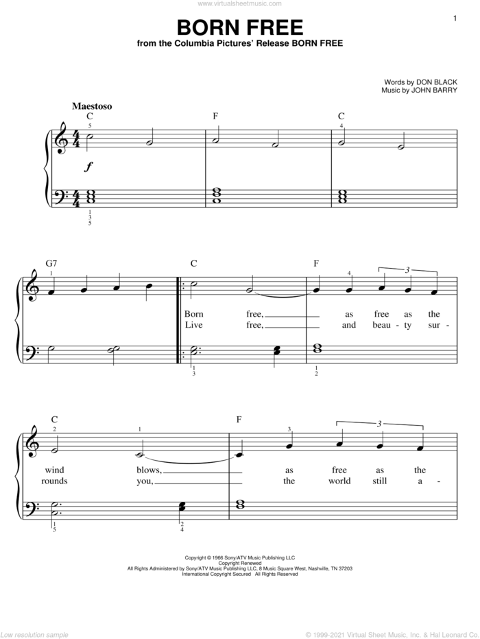 Born Free, (easy) sheet music for piano solo by John Barry and Don Black, easy skill level