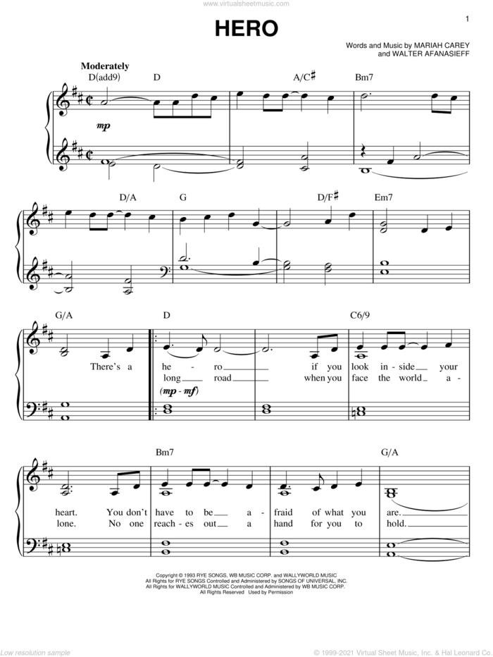 Hero, (easy) sheet music for piano solo by Mariah Carey and Walter Afanasieff, easy skill level