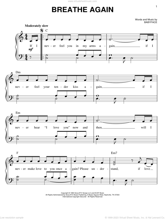 Breathe Again sheet music for piano solo by Toni Braxton and Babyface, easy skill level