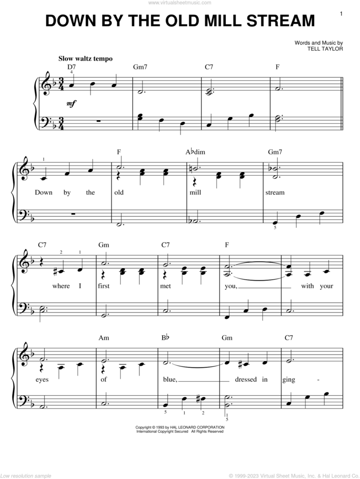 Down By The Old Mill Stream sheet music for piano solo by Tell Taylor, easy skill level