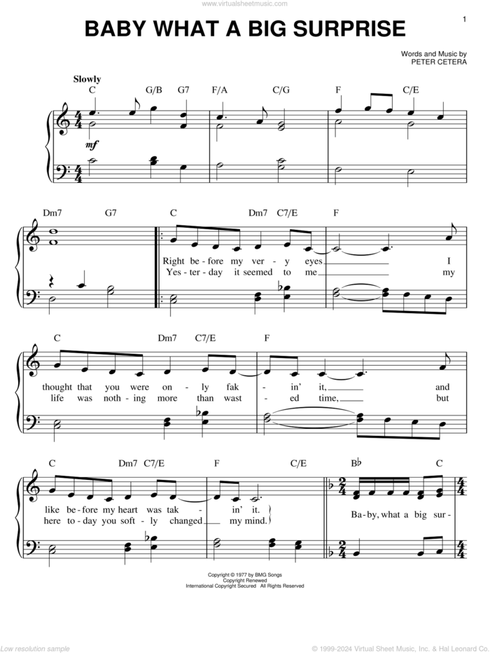 Baby What A Big Surprise sheet music for piano solo by Chicago and Peter Cetera, easy skill level