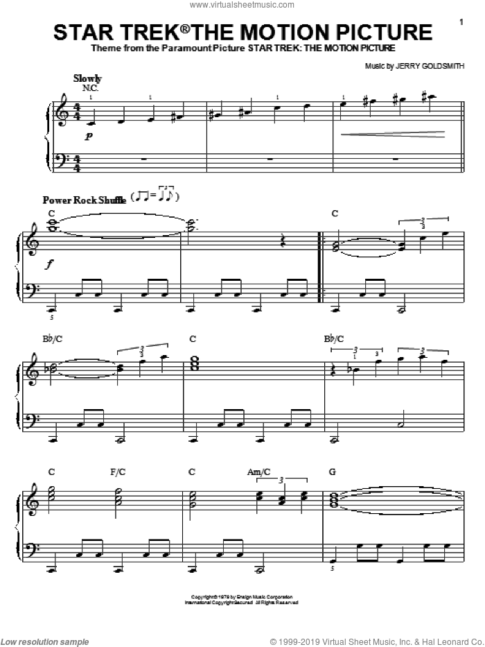 Star Trek The Motion Picture, (easy) sheet music for piano solo by Jerry Goldsmith and Star Trek(R), easy skill level