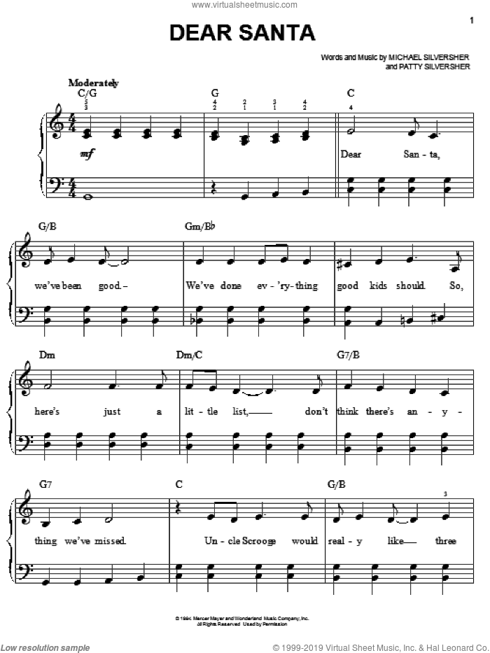 Dear Santa sheet music for piano solo by Michael Silversher and Patty Silversher, easy skill level