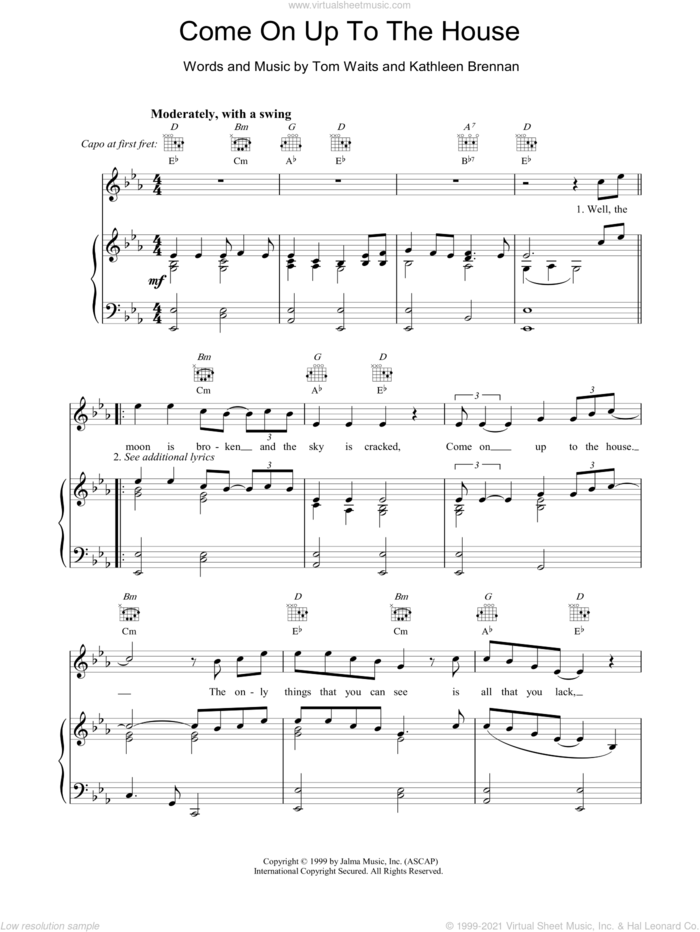 Come On Up To The House sheet music for voice, piano or guitar by Tom Waits, intermediate skill level