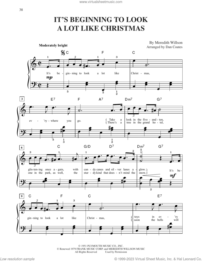 It's Beginning To Look Like Christmas (arr. Dan Coates) sheet music for piano solo by Meredith Willson and Dan Coates, easy skill level