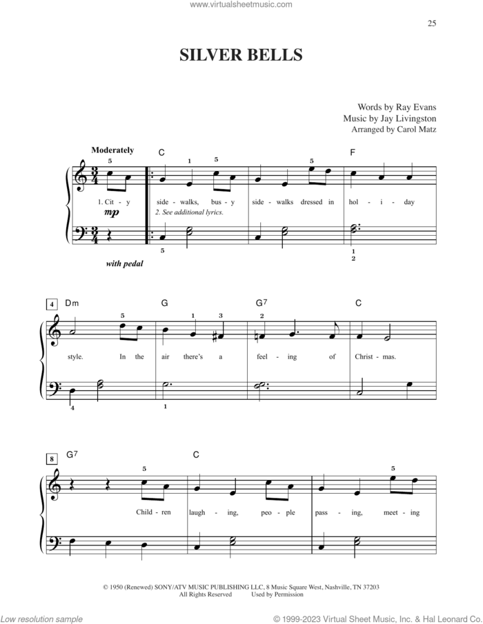 Silver Bells (arr. Carol Matz) sheet music for piano solo (big note book) by Jay Livingston & Ray Evans, Carol Matz, Jay Livingston and Ray Evans, easy piano (big note book)