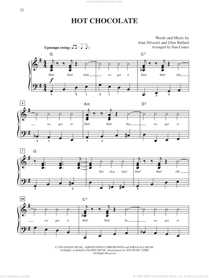 Hot Chocolate (from The Polar Express) (arr. Dan Coates) sheet music for piano solo by Glen Ballard and Alan Silvestri, Dan Coates, Alan Silvestri and Glen Ballard, easy skill level