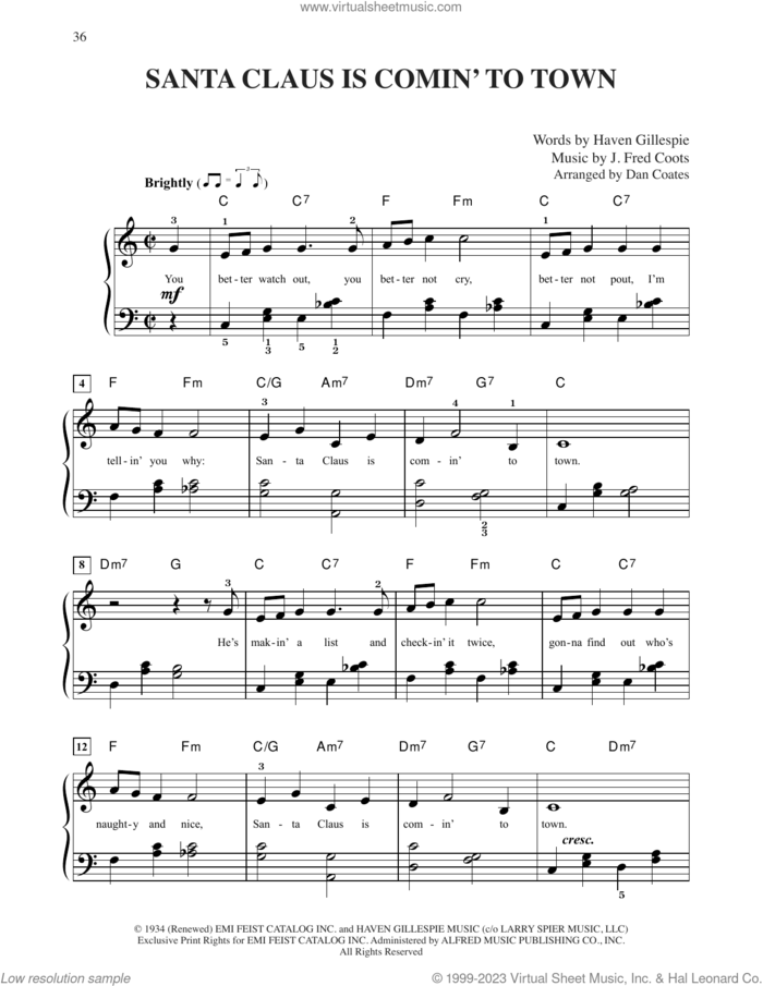 Santa Claus Is Comin' To Town (arr. Dan Coates) sheet music for piano solo by J. Fred Coots, Dan Coates and Haven Gillespie, easy skill level