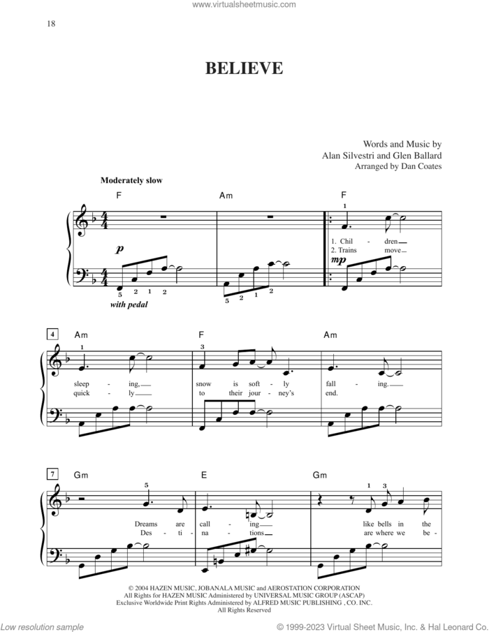 Believe (from The Polar Express) (arr. Dan Coates) sheet music for piano solo by Josh Groban, Dan Coates, Alan Silvestri and Glen Ballard, easy skill level