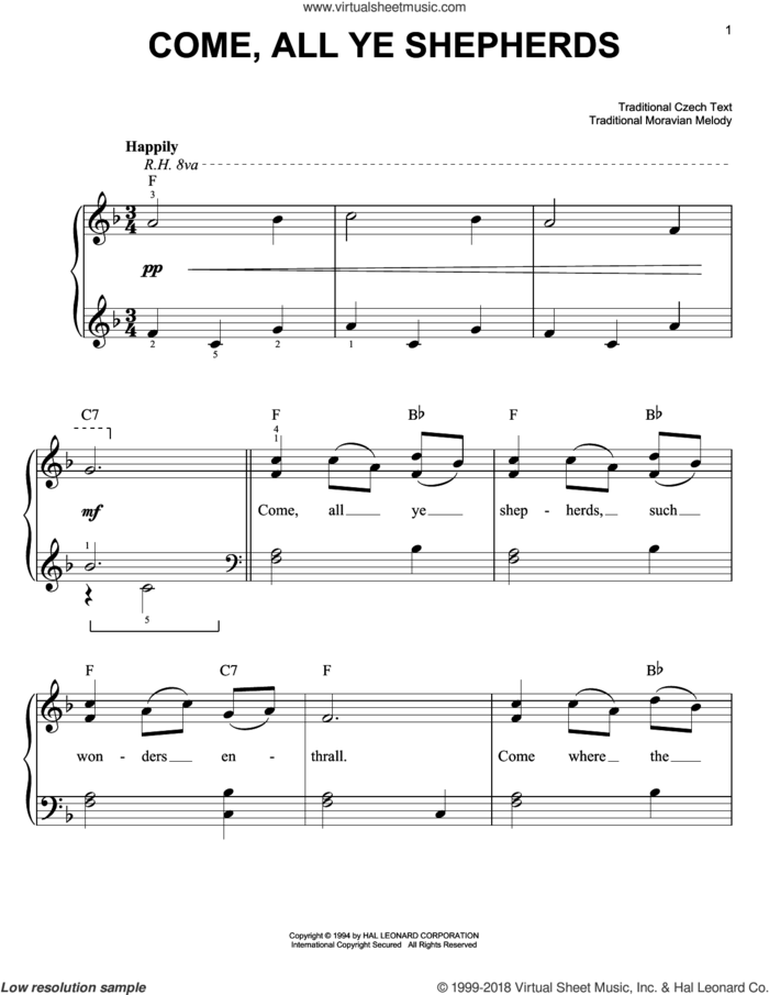 Come, All Ye Shepherds, (easy) sheet music for piano solo, easy skill level