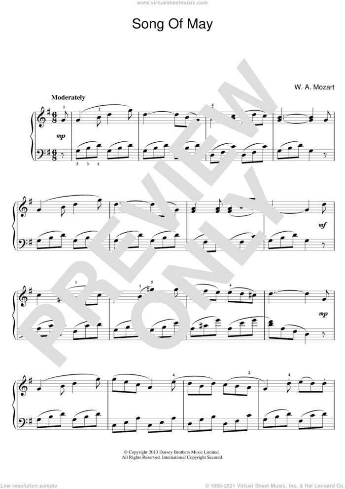 Song Of May sheet music for piano solo by Wolfgang Amadeus Mozart, classical score, intermediate skill level