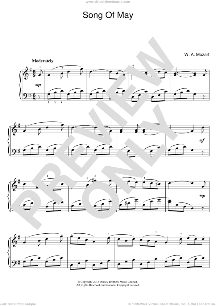 Song Of May sheet music for piano solo by Wolfgang Amadeus Mozart, classical score, intermediate skill level