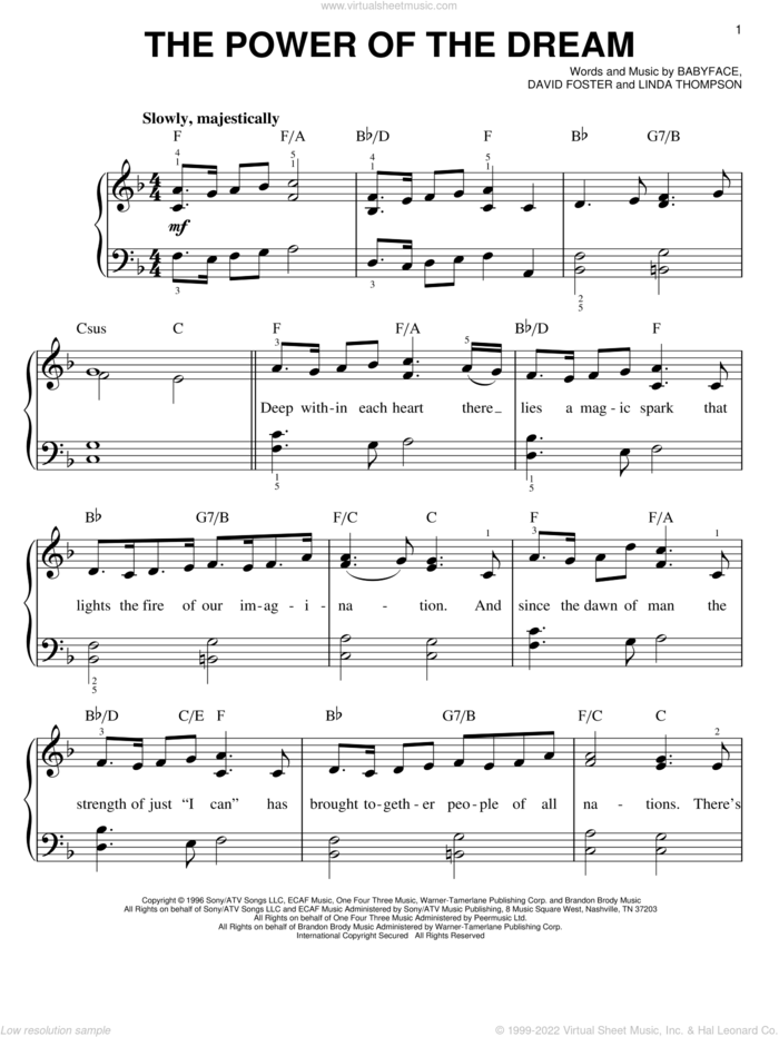 The Power Of The Dream sheet music for piano solo by Celine Dion, Babyface, David Foster and Linda Thompson, easy skill level