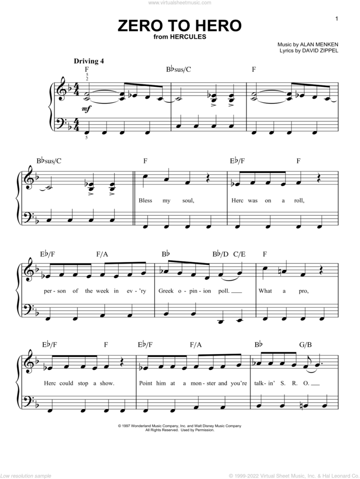 Zero To Hero (from Hercules), (easy) sheet music for piano solo by Alan Menken and David Zippel, easy skill level