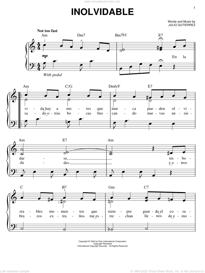 Inolvidable sheet music for piano solo by Luis Miguel and Julio Gutierrez, wedding score, easy skill level