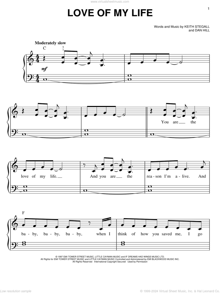 Love Of My Life sheet music for piano solo by Sammy Kershaw, Dan Hill and Keith Stegall, wedding score, easy skill level