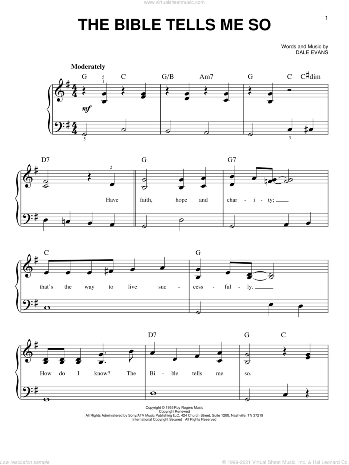 The Bible Tells Me So sheet music for piano solo by Dale Evans, easy skill level