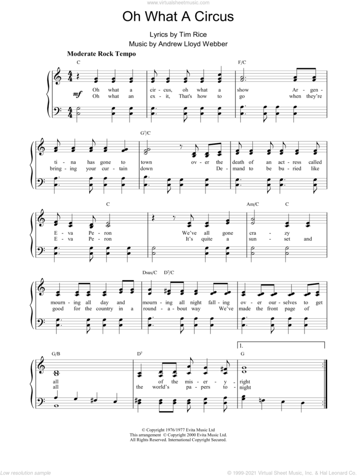 Oh What A Circus sheet music for piano solo by Andrew Lloyd Webber and Evita (Musical), intermediate skill level