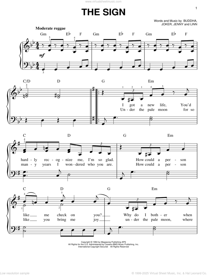 The Sign sheet music for piano solo by Ace Of Base, Buddha, Jennifer Linn, Jenny and Joker, easy skill level