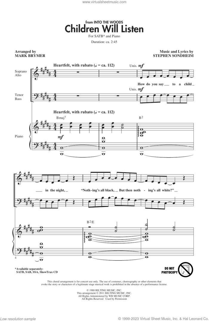 Children Will Listen (from Into The Woods) (arr. Mark Brymer) sheet music for choir (SATB: soprano, alto, tenor, bass) by Stephen Sondheim and Mark Brymer, intermediate skill level