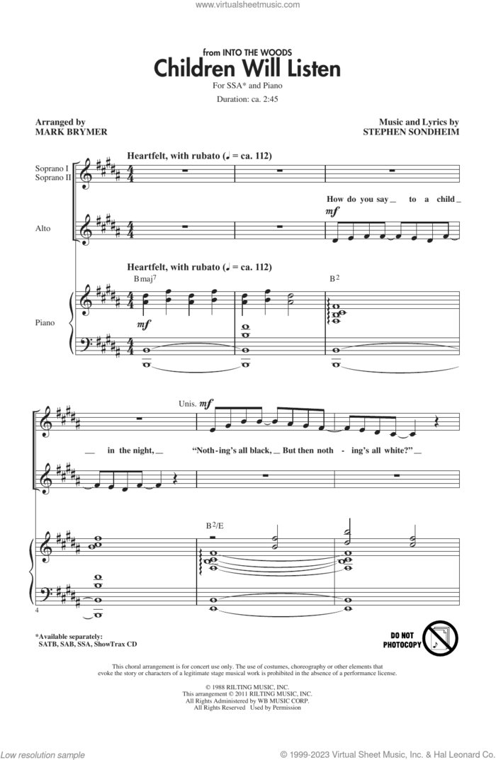 Children Will Listen (from Into The Woods) (arr. Mark Brymer) sheet music for choir (SSA: soprano, alto) by Stephen Sondheim and Mark Brymer, intermediate skill level