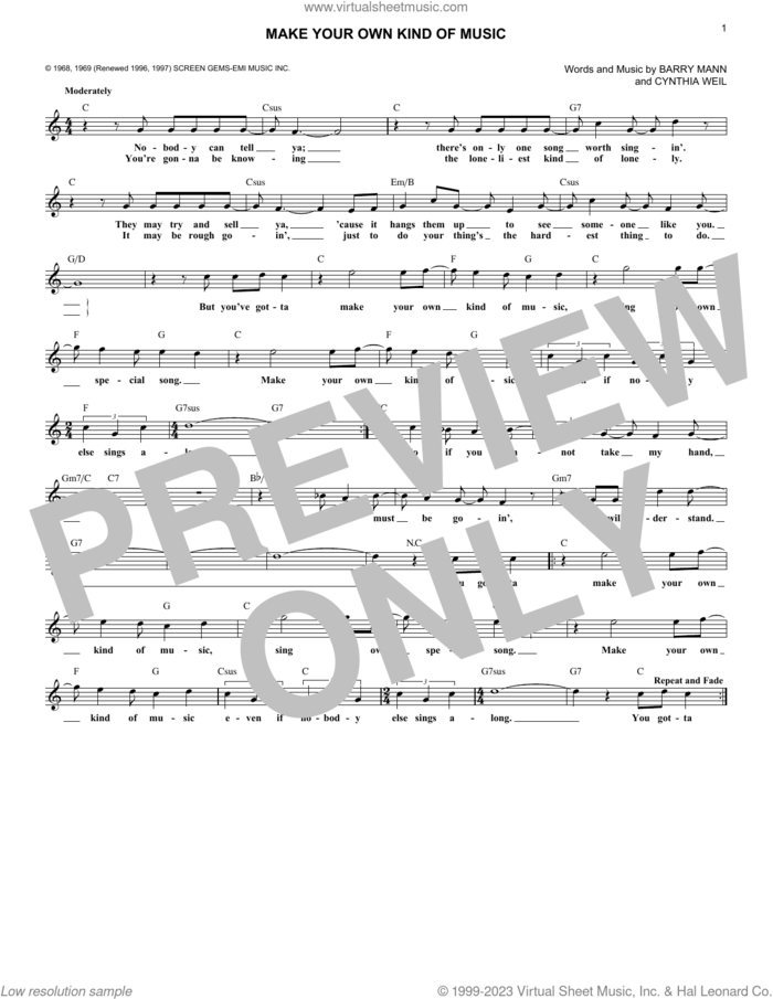 Make Your Own Kind Of Music sheet music for voice and other instruments (fake book) by Mama Cass Elliot, Barry Mann and Cynthia Weil, intermediate skill level