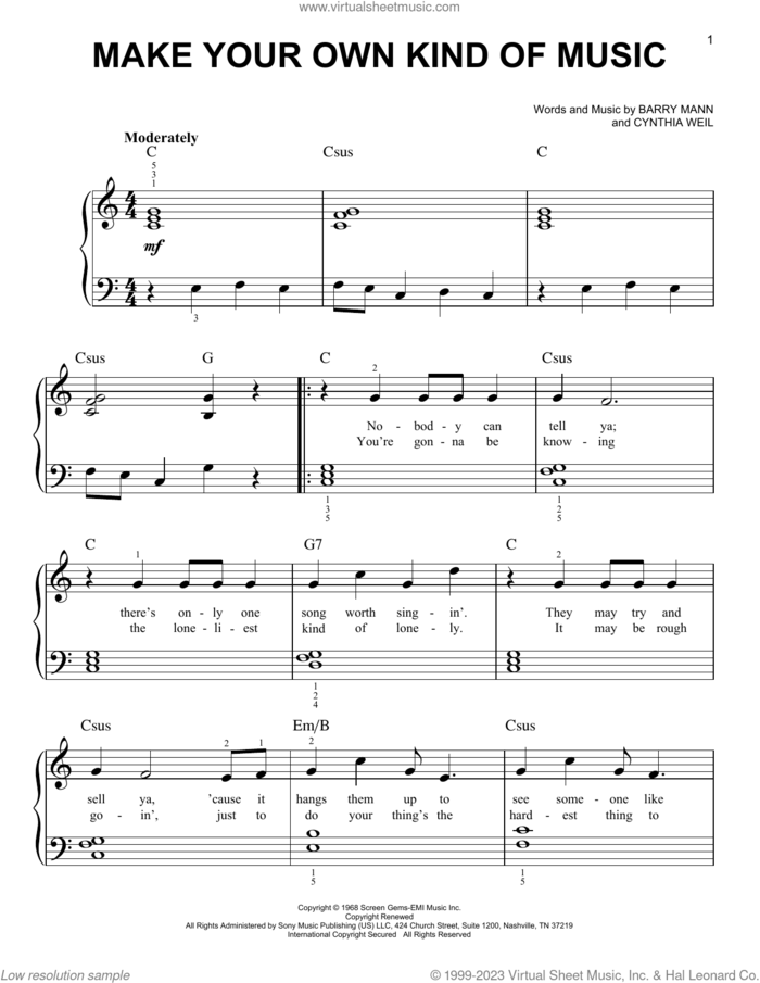 Make Your Own Kind Of Music sheet music for piano solo by Mama Cass Elliot, Barry Mann and Cynthia Weil, easy skill level