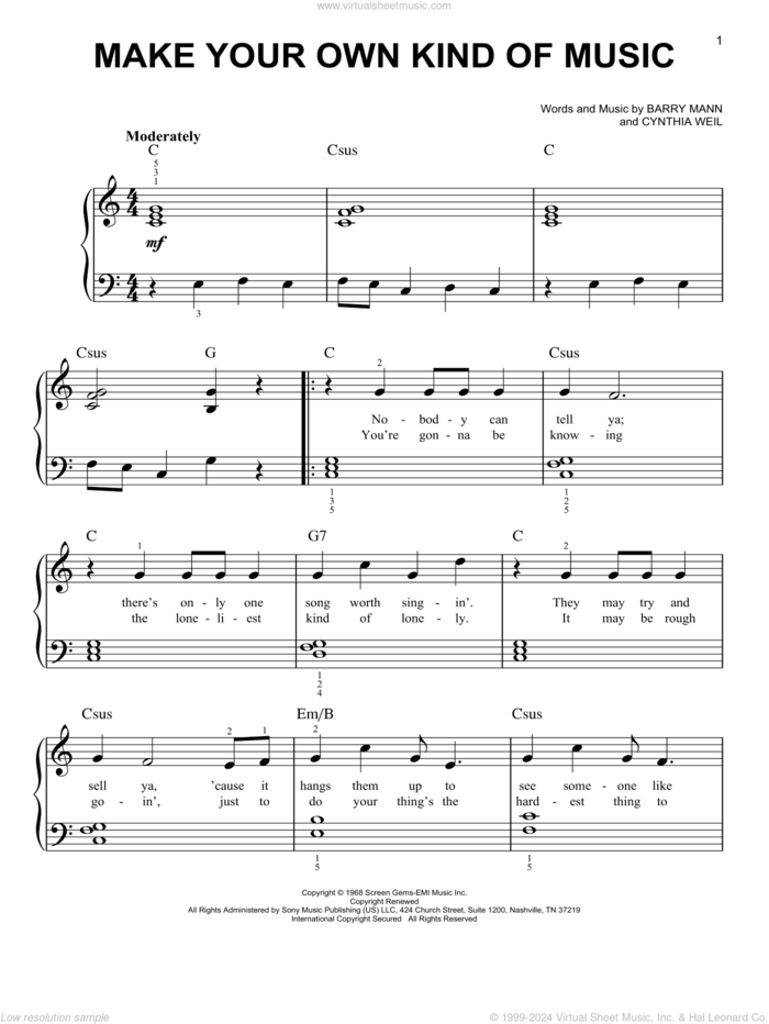 Make Your Own Kind Of Music sheet music for piano solo by Mama Cass Elliot, Barry Mann and Cynthia Weil, easy skill level