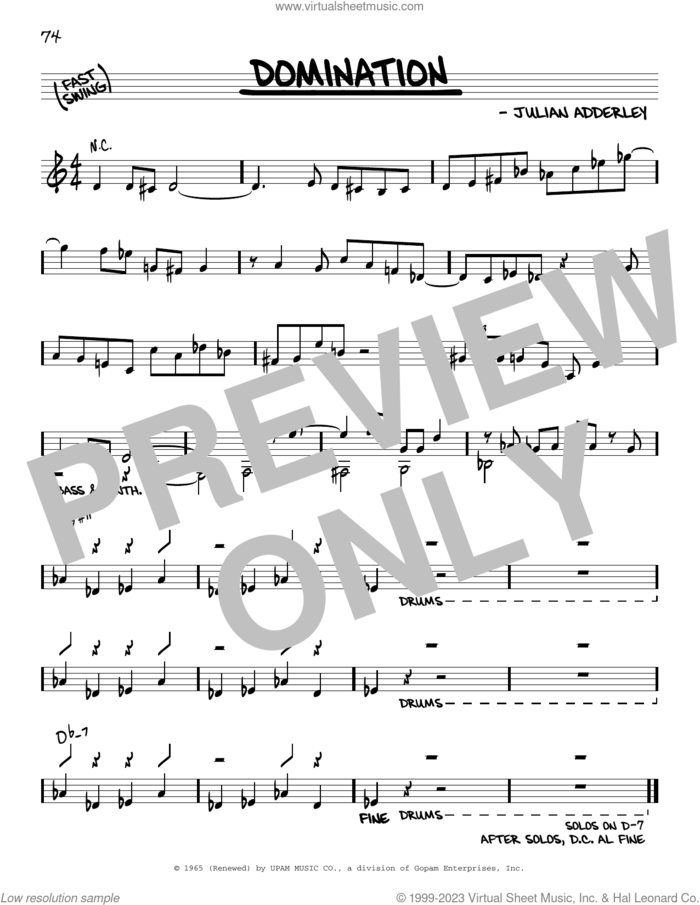 Domination sheet music for voice and other instruments (real book) by Cannonball Adderley and Julian Adderley, intermediate skill level