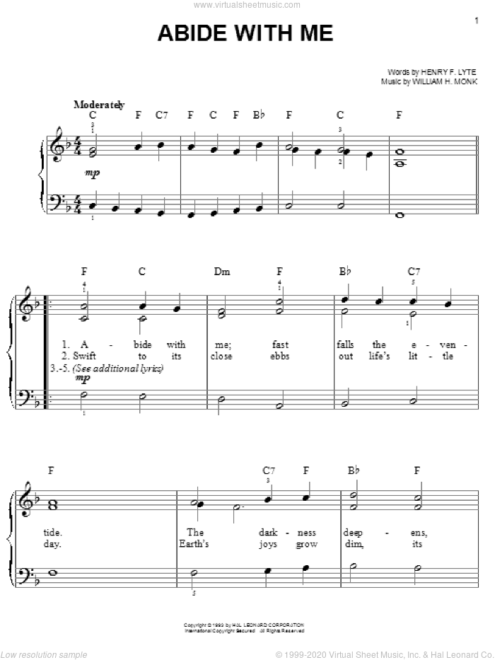 Abide With Me, (easy) sheet music for piano solo by Henry F. Lyte and William Henry Monk, easy skill level