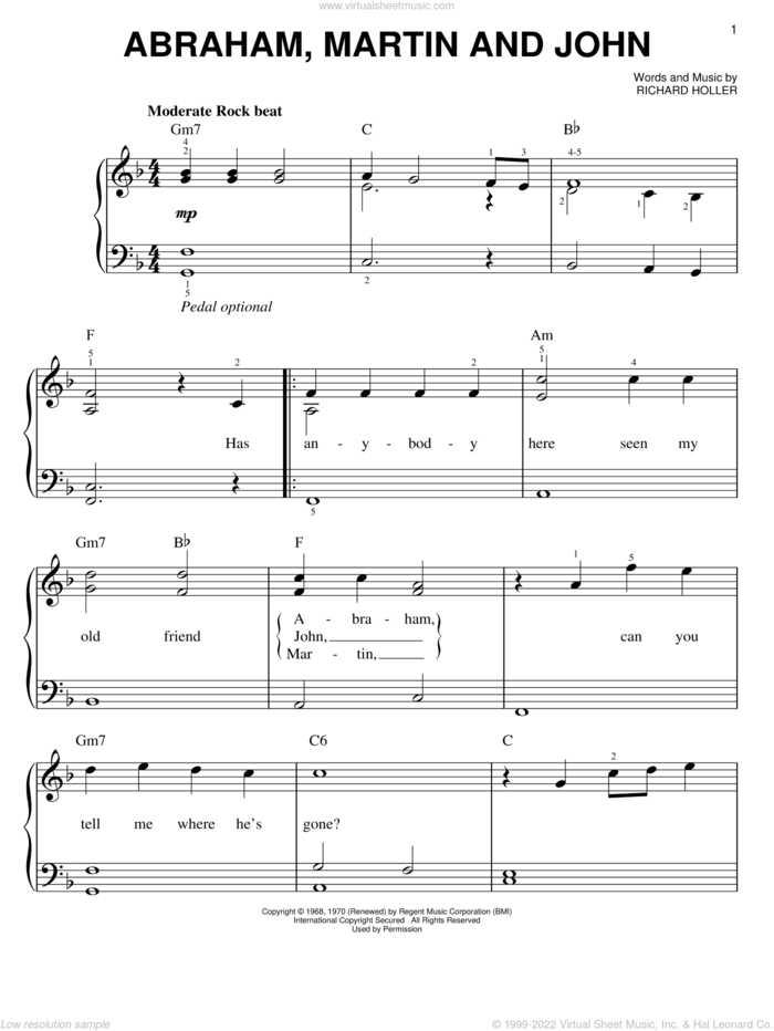 Abraham, Martin And John sheet music for piano solo by Dion and Richard Holler, easy skill level