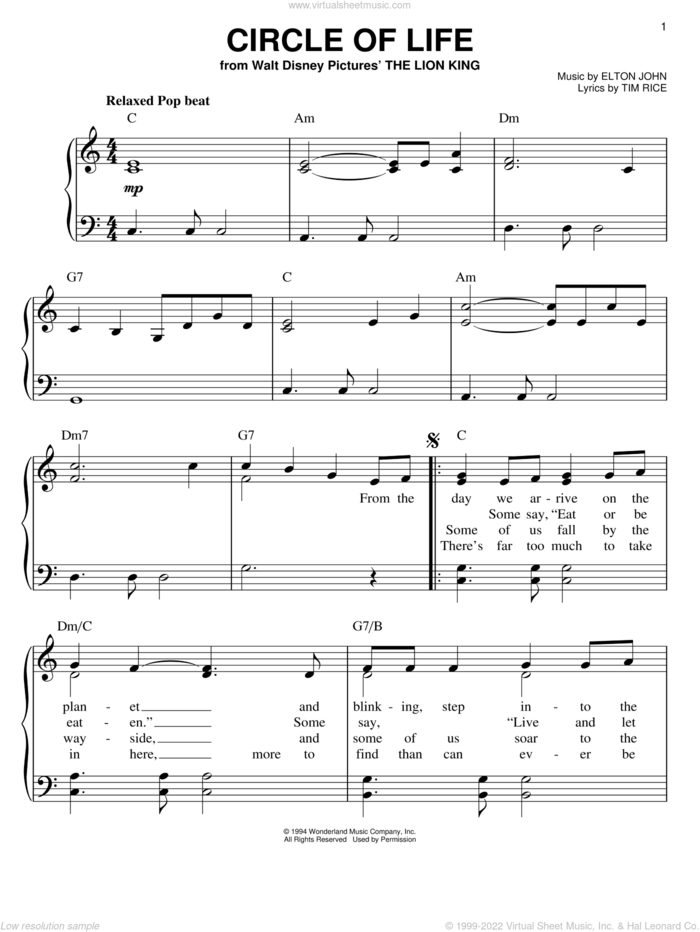 Circle Of Life (from The Lion King), (easy) sheet music for piano solo by Elton John, The Lion King and Tim Rice, easy skill level