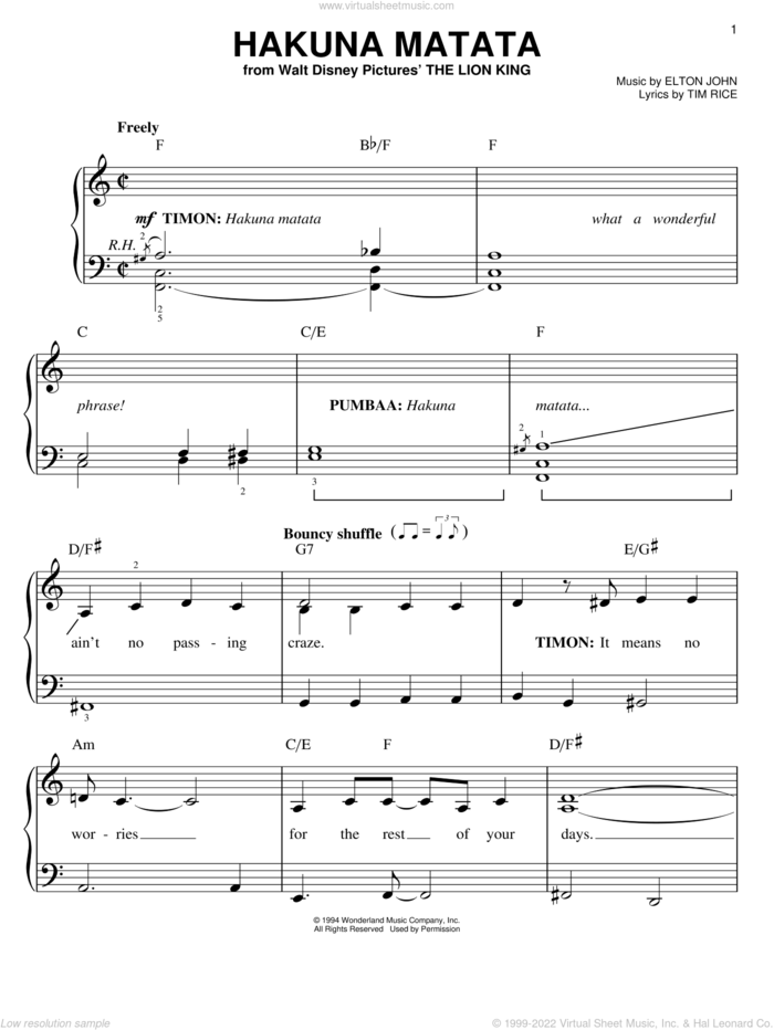 Hakuna Matata (from The Lion King), (easy) sheet music for piano solo by Elton John, The Lion King and Tim Rice, easy skill level
