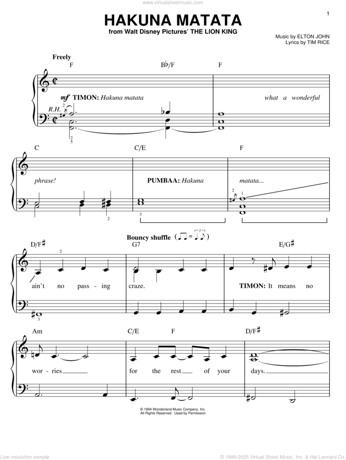 Hakuna Matata (from The Lion King), (easy) sheet music for piano solo by Elton John, The Lion King and Tim Rice, easy skill level