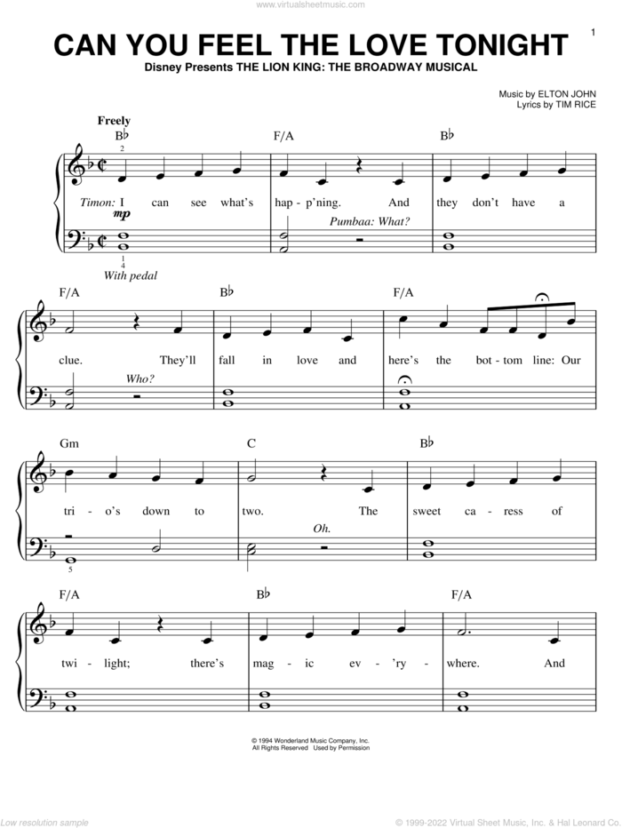 Can You Feel The Love Tonight (from The Lion King), (easy) (from The Lion King) sheet music for piano solo by Elton John, The Lion King and Tim Rice, wedding score, easy skill level