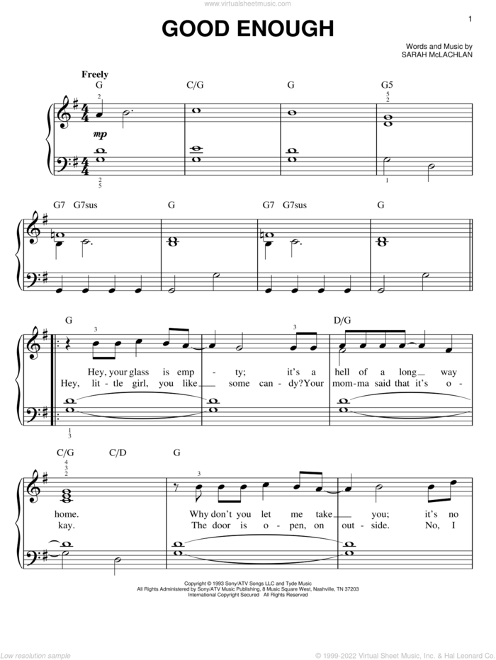 Good Enough sheet music for piano solo by Sarah McLachlan, easy skill level