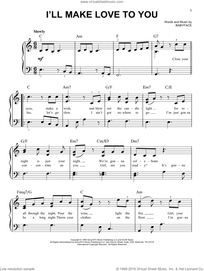 I'll Make Love To You sheet music for piano solo by Boyz II Men and Babyface, wedding score, easy skill level