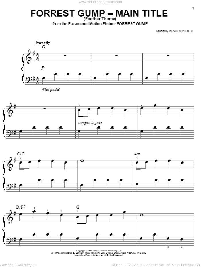 Forrest Gump - Main Title (Feather Theme), (easy) sheet music for piano solo by Alan Silvestri and Forrest Gump (Movie), easy skill level